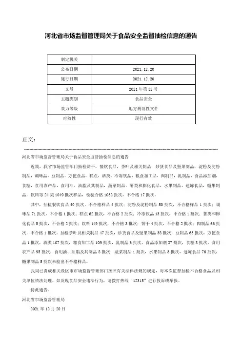 河北省市场监督管理局关于食品安全监督抽检信息的通告-2021年第52号