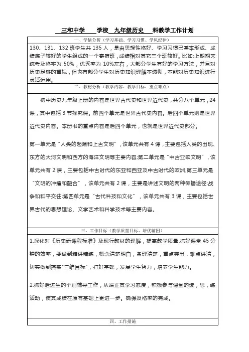 (表格版)九年级历史科计划