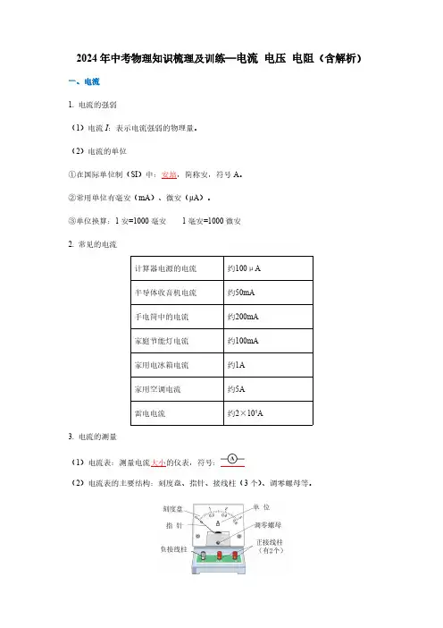 2024年中考物理知识梳理及训练—电流 电压 电阻(含解析)
