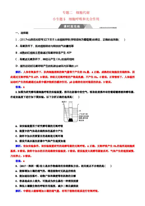 2018年高考生物二轮温习第一部份专题二小专题5细胞呼吸和光合作用标准训练新人教版
