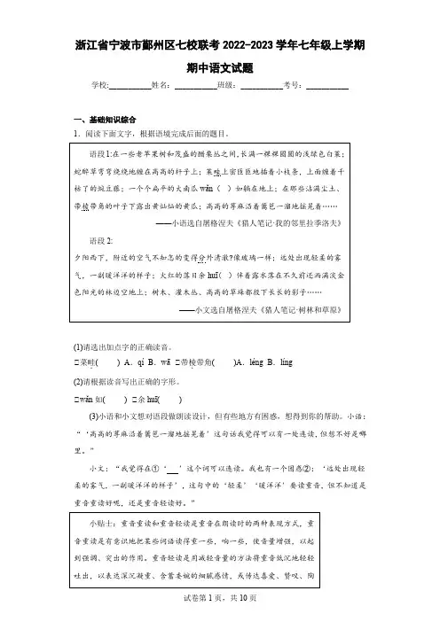 浙江省宁波市鄞州区七校联考2022-2023学年七年级上学期期中语文试题(含答案)