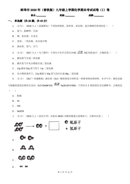 蚌埠市2020年(春秋版)九年级上学期化学期末考试试卷(I)卷(模拟)