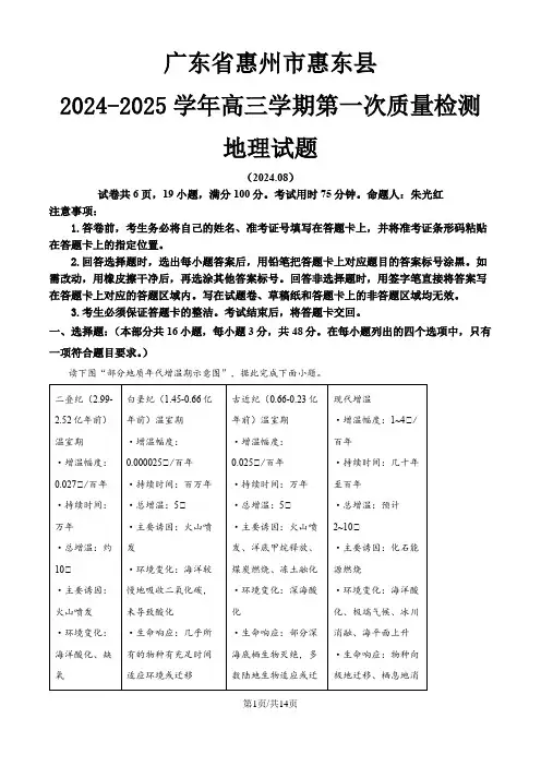 广东省惠州市惠东县2024-2025学年高三学期第一次质量检测地理试题