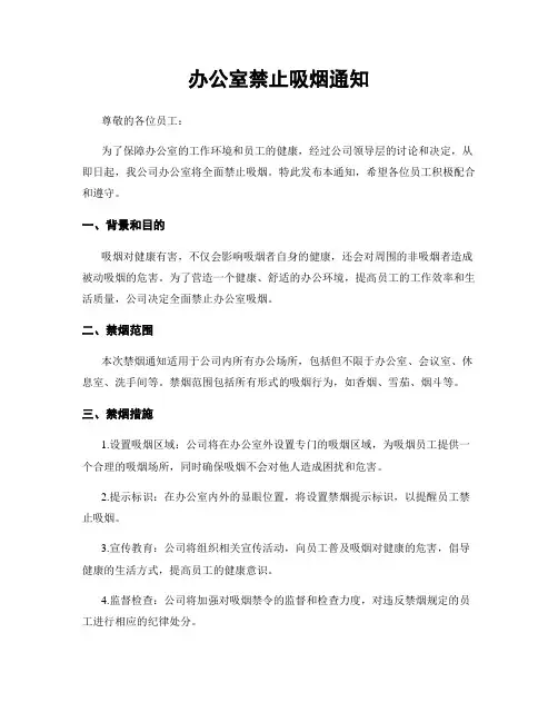 办公室禁止吸烟通知