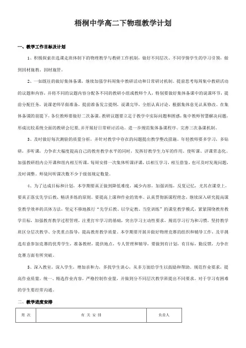 高二物理教学工作计划及教学进度表