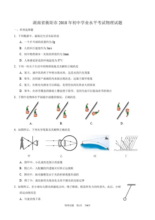 湖南省衡阳市2018年中考物理试题