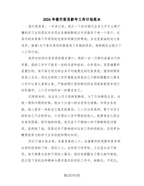 2024年银行柜员新年工作计划范本（二篇）