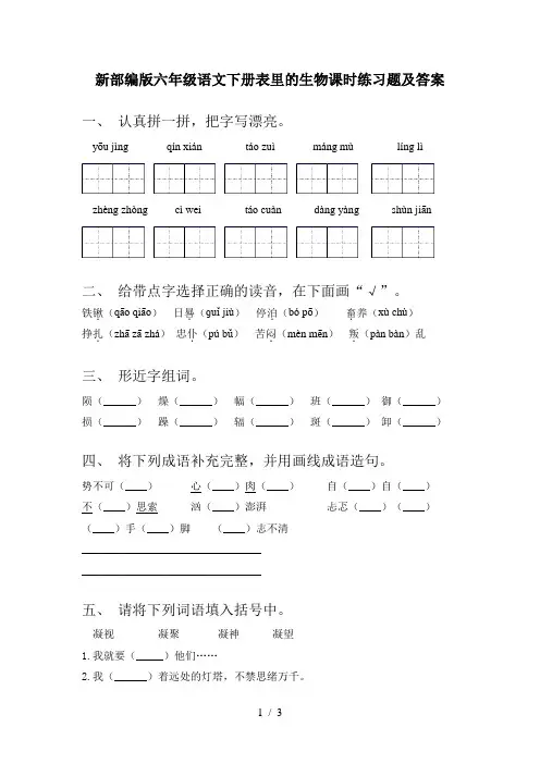 新部编版六年级语文下册表里的生物课时练习题及答案