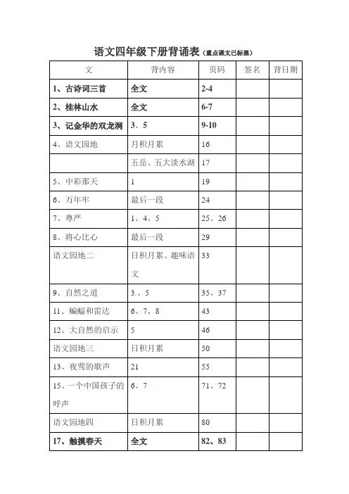 语文四年级下册背诵课文表