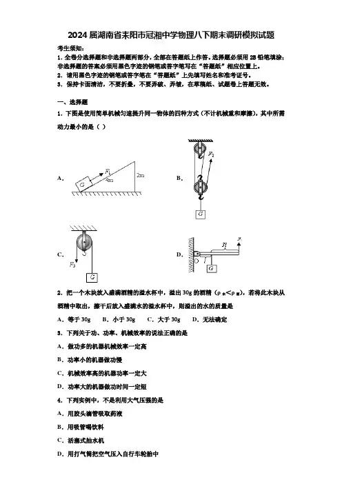 2024届湖南省耒阳市冠湘中学物理八下期末调研模拟试题含解析
