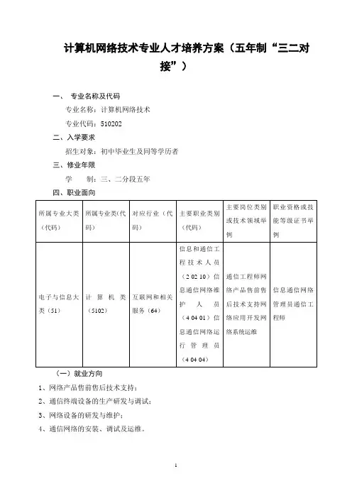 计算机网络技术专业人才培养方案(五年制“三二对接”)