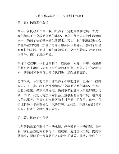 民政工作总结和下一步计划【六篇】