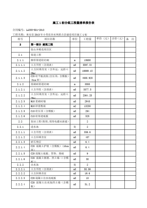施工1标分组工程量清单报价表