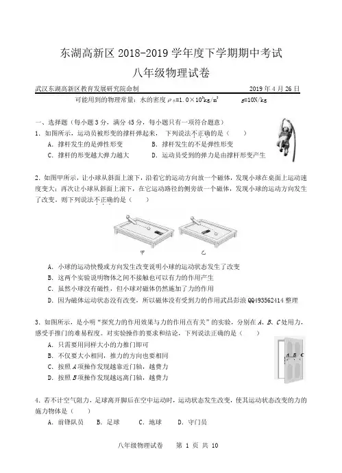 2019年春东湖高新区八下物理期中试题含答案