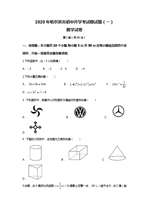 黑龙江省哈尔滨市2020年初中升学考试模试题(一)数学试卷