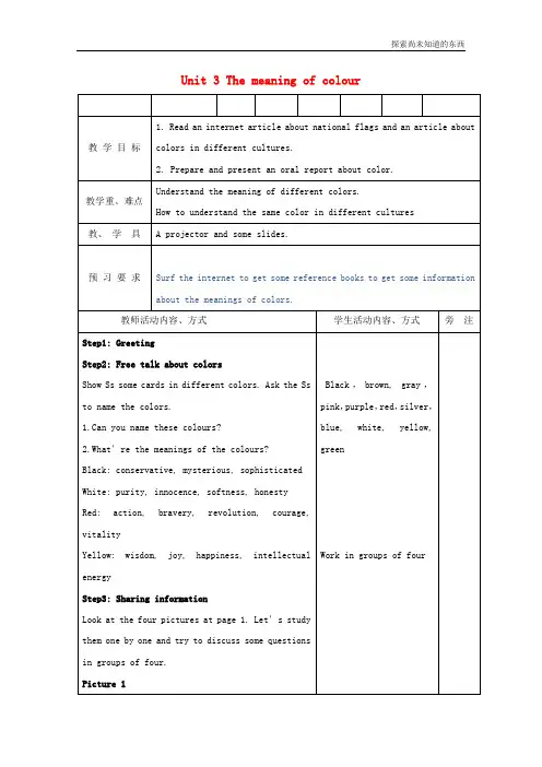 牛津译林版高中英语选修9Unit3 The meaning of colourReading1精品教案