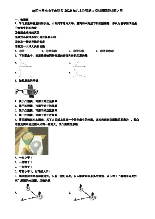 绵阳市重点中学市联考2019年八上物理期末模拟调研测试题之三