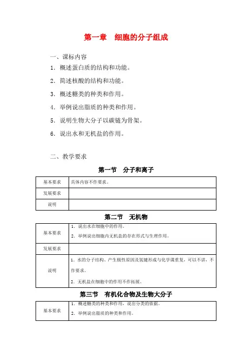 浙江省普通高中高中生物 第一章 细胞的分子组成同步教案 浙科版必修1