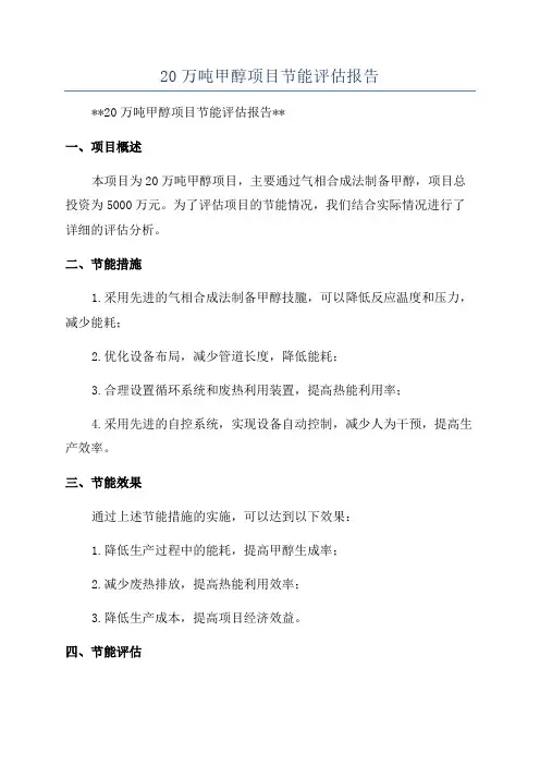 20万吨甲醇项目节能评估报告