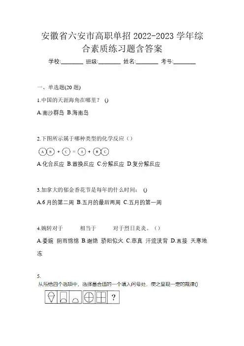 安徽省六安市高职单招2022-2023学年综合素质练习题含答案
