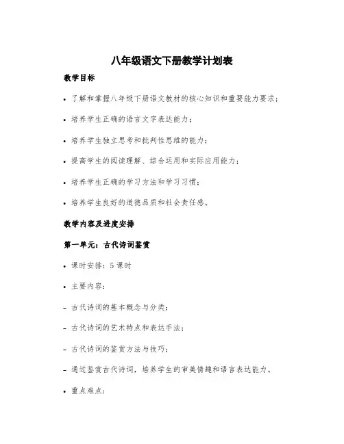 八年级语文下册教学计划表 八下语文教学计划(统编教材