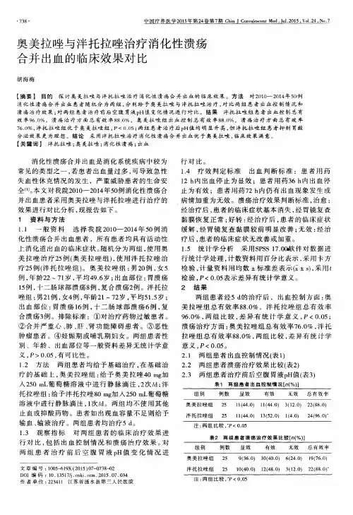 奥美拉唑与泮托拉唑治疗消化性溃疡合并出血的临床效果对比