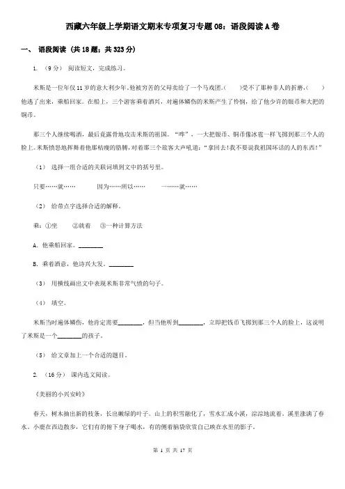 西藏六年级上学期语文期末专项复习专题08：语段阅读A卷