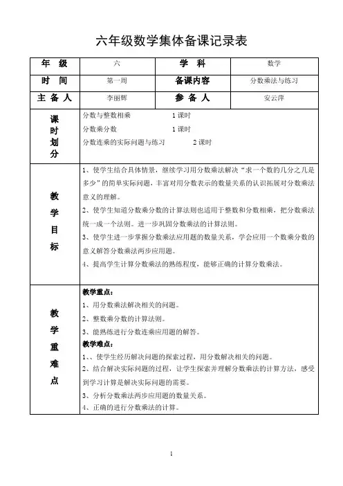 小学六年级数学上册集体备课记录表56617