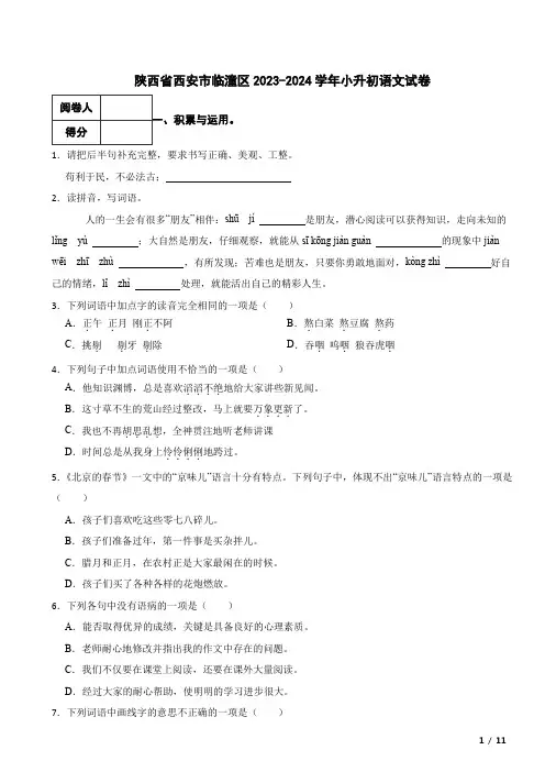 陕西省西安市临潼区2023-2024学年小升初语文真题试卷 附解析