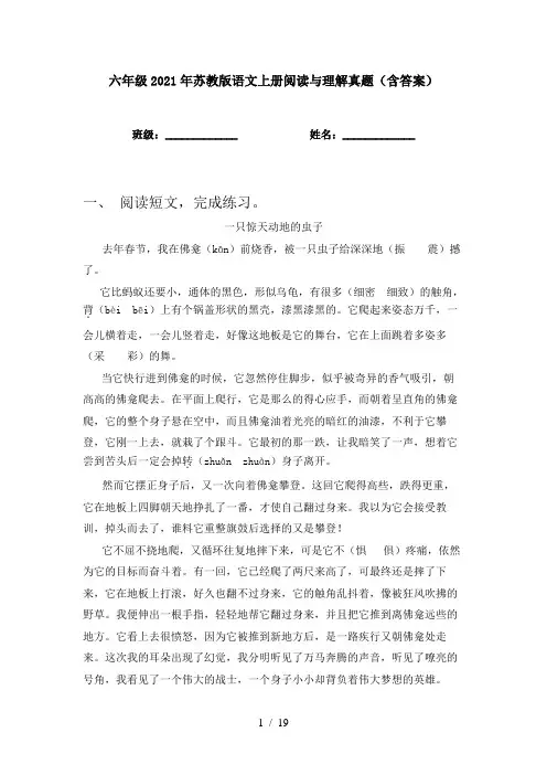 六年级2021年苏教版语文上册阅读与理解真题(含答案)