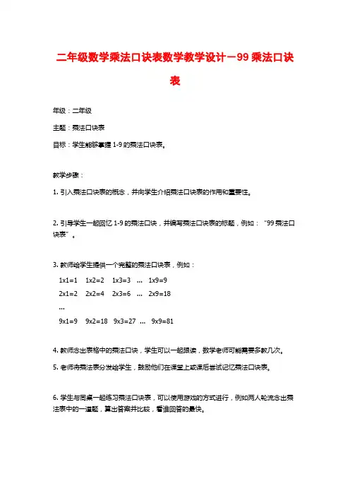 二年级数学乘法口诀表数学教学设计-99乘法口诀表