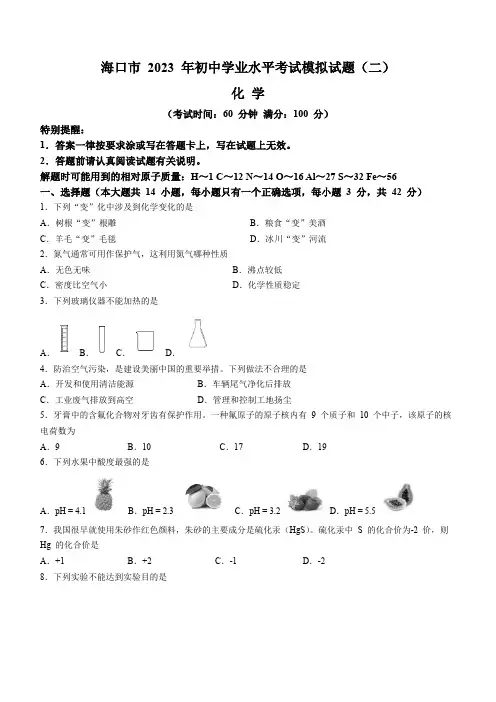 2023年海南省海口市初中学业水平考试模拟化学试题二(含答案)
