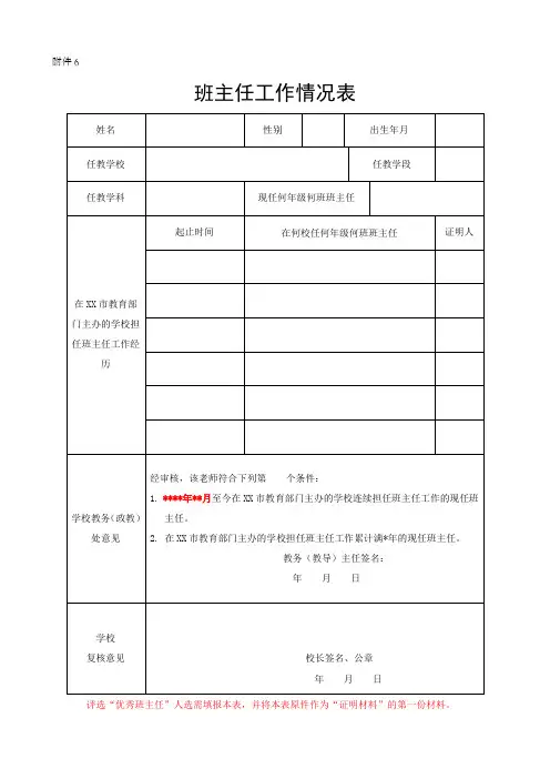 班主任工作情况记录表(优秀班主任填表)
