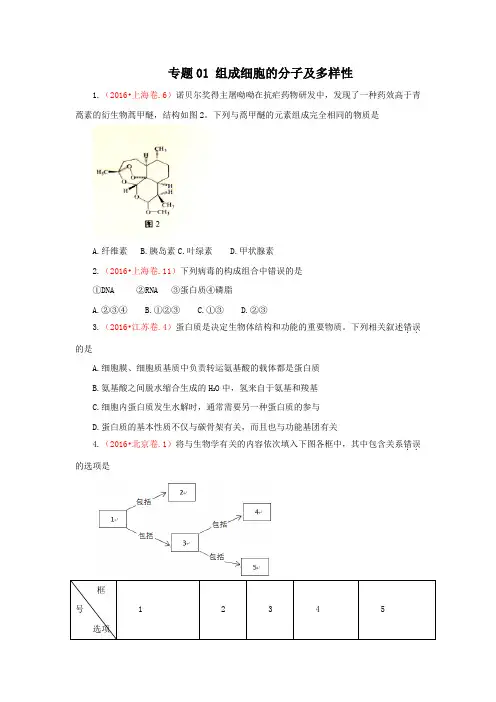 三年高考(2014-2016)生物试题分项版解析 专题01组成细胞的分子原卷版.doc
