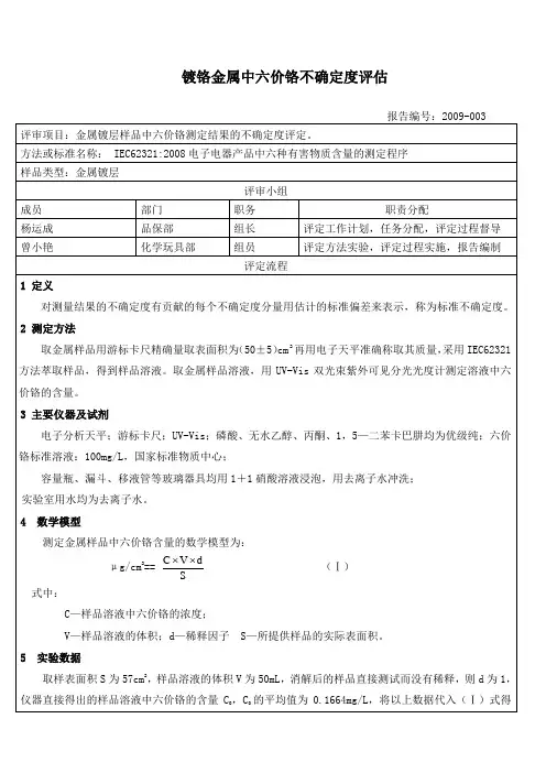 六价铬 镀铬金属中 不确定度