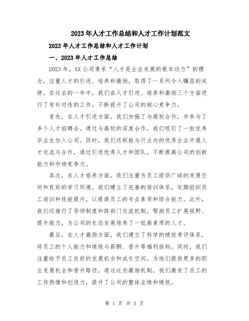 2023年人才工作总结和人才工作计划范文