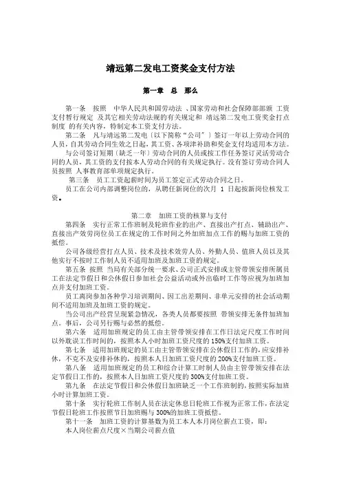 靖远第二发电有限公司工资奖金支付办法(2021整理)