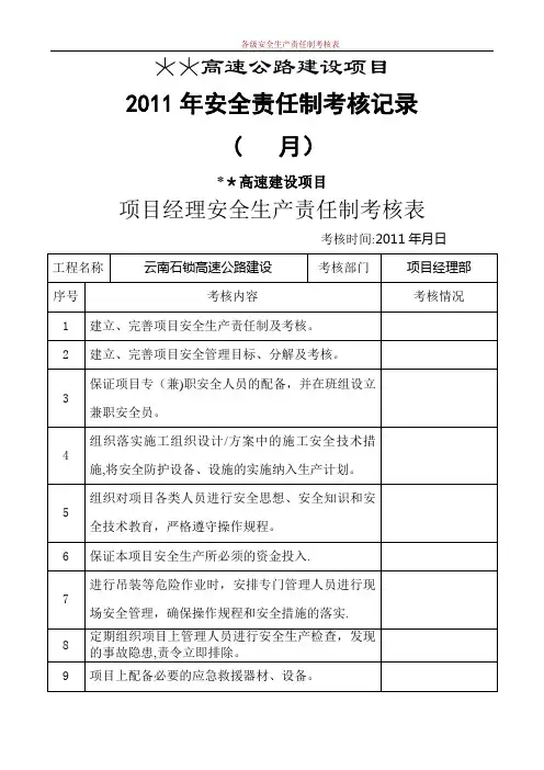 各级安全生产责任制考核表