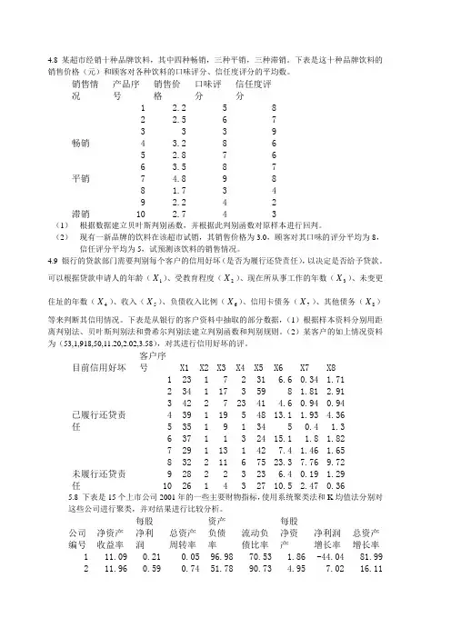 多元统计分析 第四章至第九章 课后题数据