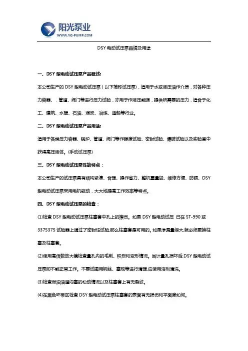 DSY电动试压泵品牌及用途