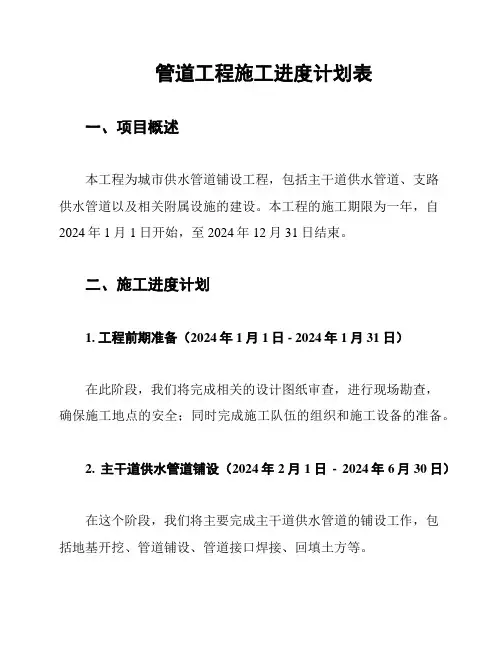 管道工程施工进度计划表