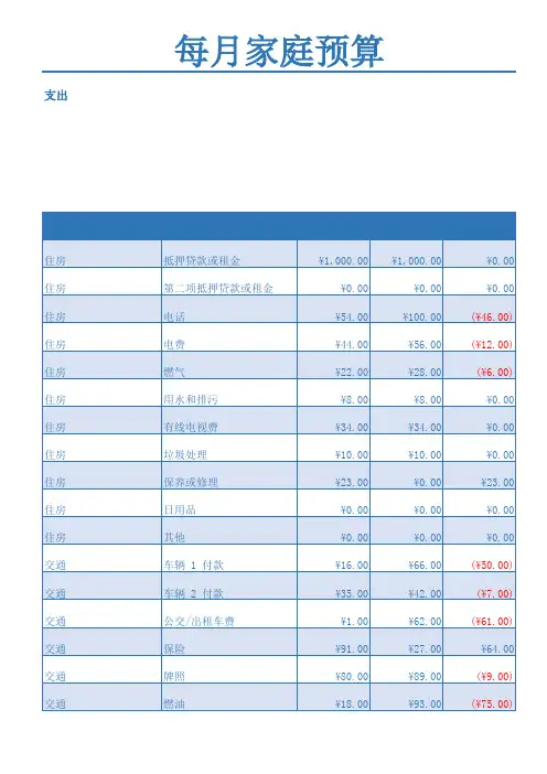 每月家庭预算Excel模板