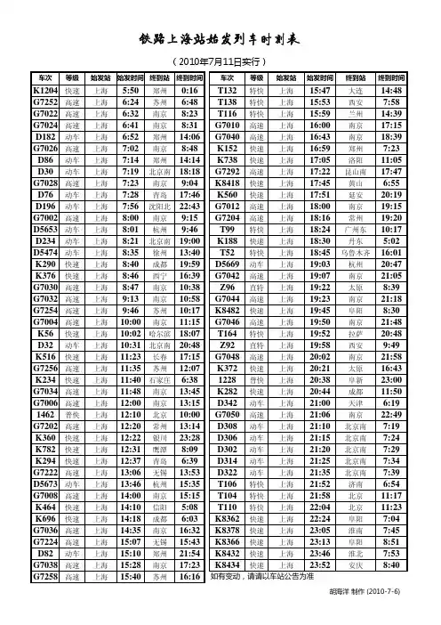 上海火车站(上海南站、上海虹桥站)始发列车时刻表(2010年7月11日起)