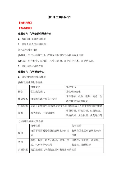 沪教版九年级全册(全国版)第一章《开启化学之门》复习学案