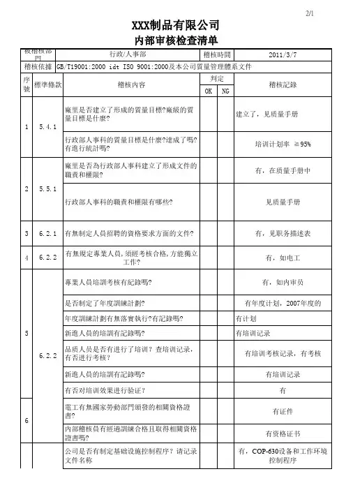 行政人事部 内部审核检查清单