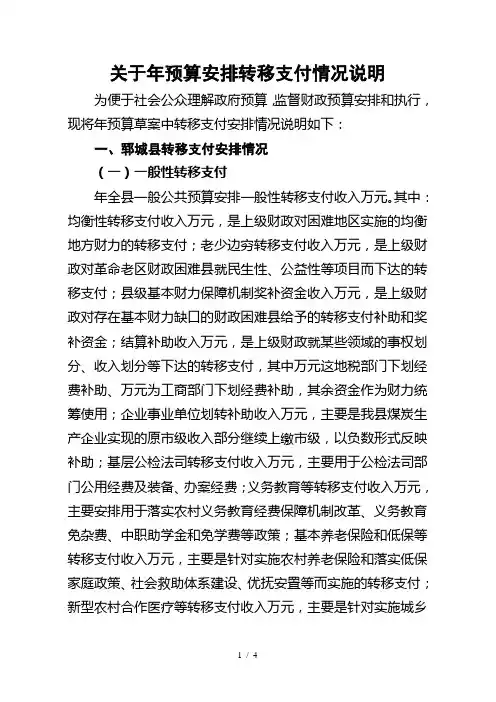关于预算安排转移支付情况说明