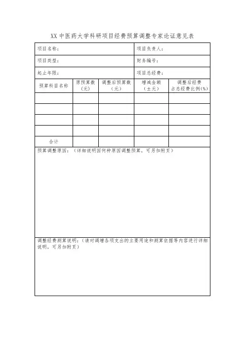 XX中医药大学科研项目经费预算调整专家论证意见表(2024年)