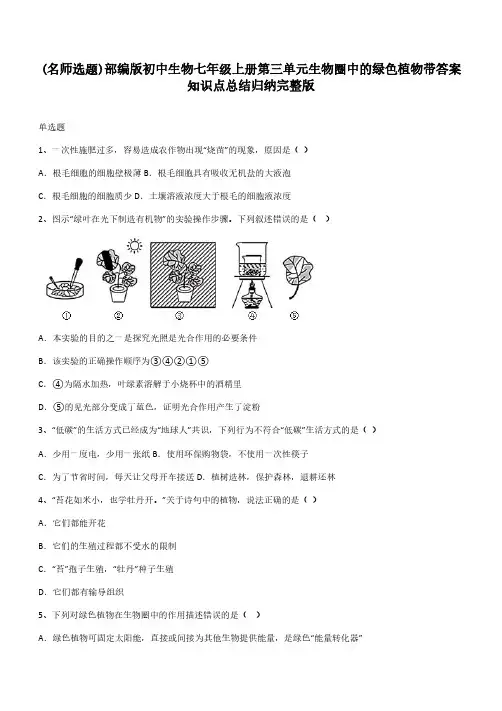 部编版初中生物七年级上册第三单元生物圈中的绿色植物带答案知识点总结归纳完整版