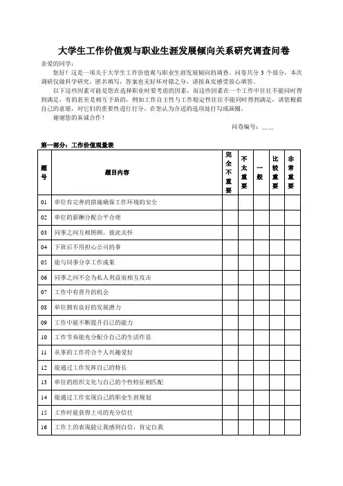 工作价值观与职业生涯倾向的问卷