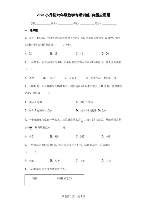 2023小升初典型应用题(试题)六年级下册数学